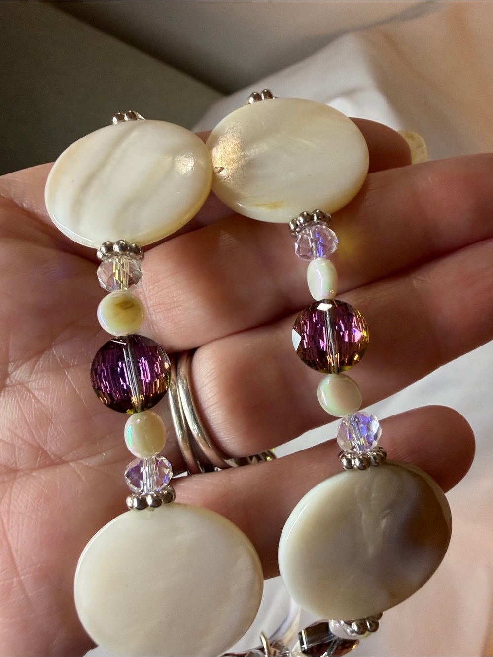 Handcrafted Plum/Cream Shell and Crystal Necklace and Earring Set - Picture 7 of 7